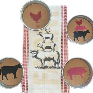 Farm Fresh collection: dish towels rooster/lamb/pig/bull on jacquard/gingham-NWT